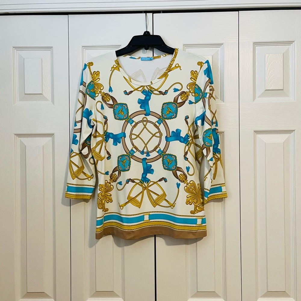 J. McLaughlin White and Blue Blouse with Gold Accents